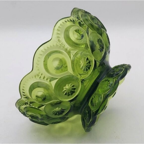 Vintage L E Smith Avocado Green Moon & Stars Small Glass Footed Candy Bowl - Picture 4 of 6